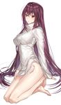  barefoot breasts dress fate/grand_order fate_(series) from_side hair_between_eyes highres large_breasts long_hair looking_at_viewer myo_ne purple_hair red_eyes ribbed_sweater scathach_(fate)_(all) scathach_(fate/grand_order) simple_background sitting smile solo sweater sweater_dress turtleneck turtleneck_sweater very_long_hair white_sweater 