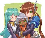  2girls aile arm_around_shoulder blue_hair blush bodysuit breasts brown_hair cleavage commentary_request cropped_jacket dark_skin drill_(emilio) eyebrows_visible_through_hair gloves green_eyes grey_(rockman) grey_hair hair_between_eyes hand_on_another's_shoulder highres hug long_hair multiple_girls pandora_(rockman) ponytail red_eyes robot_ears rockman rockman_zx short_hair shorts skin_tight small_breasts smile spandex 
