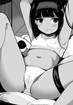  :d armpits arms_up bangs belly blunt_bangs blush bra breasts cameltoe collarbone covered_nipples dark_skin greyscale hairband headband highres looking_at_viewer lying monochrome navel on_back open_mouth original panties short_hair small_breasts smile solo spread_legs toy_box-r training_bra underwear underwear_only 