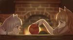  animal_ears apple backlighting brown_hair fireplace food fruit highres holo indoors long_hair looking_at_another mother_and_daughter multiple_girls myuri_(spice_and_wolf) red_eyes revision shinsetsu_spice_and_wolf short_hair silver_hair spice_and_wolf table wolf_ears youzi_(small_shabao) 