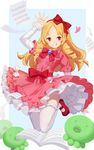  blonde_hair bow dress drill_hair eromanga_sensei full_body hair_bow hairband highres hips jumping layered_sleeves lolita_fashion long_hair long_sleeves looking_at_viewer mary_janes petals petticoat pink_bow pink_dress pointy_ears red_bow red_eyes red_footwear red_hairband ringlets sannye sash sheet_music shoes short_over_long_sleeves short_sleeves solo stuffed_animal stuffed_octopus stuffed_toy twin_drills white_bow white_legwear yamada_elf 