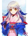  2900cm bridal_gauntlets commentary_request fire_emblem fire_emblem:_akatsuki_no_megami hair_ribbon half_updo hand_on_own_chest japanese_clothes kimono long_hair long_sleeves micaiah ribbon silver_hair smile solo yellow_eyes 