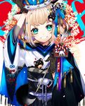 2018 animal_ears aqua_eyes arm_up arrow bangs blonde_hair brown_gloves chinese_zodiac crown dog dog_ears dog_tail eyebrows_visible_through_hair gloves grin hair_ornament hair_rings hamaya hand_on_headwear head_tilt holding japanese_clothes kimono long_sleeves looking_at_viewer nengajou new_year obi original parted_lips puppy sash short_hair smile sogawa solo star star_hair_ornament tail upper_body wide_sleeves year_of_the_dog 