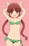  :d armpits arms_up bangs bikini blunt_bangs blush bow bowtie braid brown_eyes brown_hair bunny_pose cowboy_shot eyebrows_visible_through_hair flat_chest green_bikini haga_yui hair_bow kukuri leaf_bikini long_hair looking_at_viewer mahoujin_guruguru navel open_mouth pink_background pink_bow simple_background smile solo swimsuit thigh_gap twin_braids very_long_hair 