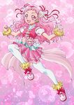  :d aikawa_yousuke back_bow bow clenched_hand cure_yell double_bun earrings flower full_body hair_flower hair_ornament hair_ribbon heart hugtto!_precure jewelry layered_skirt light_particles long_hair looking_at_viewer navel nono_hana open_mouth pink pink_background pink_bow pink_eyes pink_footwear pink_hair pink_shirt pink_skirt pleated_skirt precure red_ribbon ribbon shirt shoes skirt sleeveless sleeveless_shirt smile solo sparkle thighhighs twitter_username white_legwear wrist_cuffs zettai_ryouiki 