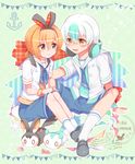  1girl anchor_symbol black_eyes black_footwear blue_shorts brown_eyes emolga fuwasn1545 gen_4_pokemon gen_5_pokemon headphones headphones_around_neck highres moemon orange_hair pachirisu personification pokemon pokemon_(creature) sailor_collar shoes shorts sitting smile socks white_hair white_legwear wristband 