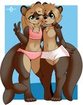  2018 4_toes anthro black_nose blonde_hair brother brother_and_sister clothed clothing cub duo female green_eyes hair hi_res jenny_(ajdurai) kloudmutt lee_(ajdurai) long_hair male mammal mustelid navel one_eye_closed otter short_hair sibling sister smile toes v_sign young 