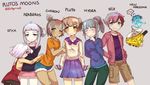  6+girls brown_eyes brown_hair cargo_pants commentary danielle_brindle denim ghost ghost_tail glasses highres jeans lineup multiple_girls new_horizons one_eye_closed original pants pluto-chan round_eyewear satellite school_uniform serafuku shorts spoken_blush star star_print white_hair 