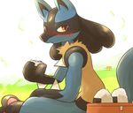  anthro blush canine food fur grass looking_at_viewer lucario mammal nintendo pok&eacute;mon pok&eacute;mon_(species) smile solo spike_(disambiguation) text video_games zuppa_chidori11 