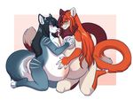  2017 anthro areola belly big_belly blush breasts canine cat digital_media_(artwork) duo feline female fur hair hi_res lavenderpandy lilith_(azria) looking_at_viewer mammal nipples nude oil open_mouth pregnant simple_background smile yukiashi 