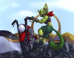  2017 anthro breasts carol_tea clothed clothing feline female footwear freedom_planet gluepaw mammal midriff motorcycle open_mouth scarf shoes solo sticky stuck vehicle video_games wildcat 