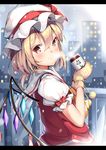  bangs blonde_hair blush breath cityscape closed_mouth crystal eyebrows_visible_through_hair flandre_scarlet frilled_sleeves frills from_side hair_between_eyes hat hat_ribbon heart heart_print holding letterboxed looking_to_the_side mittens mob_cap motion_blur outdoors pom_pom_(clothes) puffy_short_sleeves puffy_sleeves railing red_eyes red_ribbon red_shirt ribbon sailor_collar shiero. shirt short_sleeves smile snowing solo tareme touhou upper_body white_hat wings yellow_mittens 