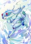  1girl artist_request ass bandai bare_shoulders barefoot breasts curvy digimon digimon_(creature) facial_mark female fish_girl gauntlets green_skin helmet looking_back monster_girl one-piece_swimsuit ranamon red_eyes smile swimming swimsuit water 