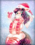  anthro better_version_at_source big_breasts blush breasts brown_hair clothed clothing cute equine fan_character female gift green_eyes hair hat holidays horse huge_breasts legwear mammal pony scarf skimpy slightly_chubby smile snow solo stockings underwear woofmaple 