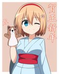  ;) akeome alice_margatroid alternate_costume blonde_hair blue_eyes blue_kimono breasts chinese_zodiac commentary enushi_(toho193) hair_between_eyes hairband hand_puppet happy_new_year highres japanese_clothes kimono long_sleeves looking_at_viewer medium_breasts new_year obi one_eye_closed puppet red_hairband red_sash sash short_hair smile solo touhou translated wide_sleeves year_of_the_dog 