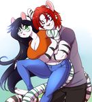  big_breasts black_hair black_stripes breasts cecilia clothed clothing feline female fur gradient_background green_eyes green_stripes hair hug male mammal neocloud88h purple_eyes red_hair sibling simple_background source_request spazzykoneko stripes tiger white_fur 