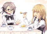  :d ^_^ ange_(princess_principal) blonde_hair blue_eyes blush cake closed_eyes cup feeding food glasses highres long_hair looking_at_viewer multiple_girls normaland open_mouth plate princess_(princess_principal) princess_principal saucer school_uniform short_hair sitting smile table tea teacup teapot tray 