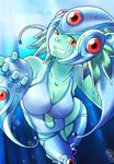  1girl artist_request bandai bare_shoulders breasts curvy digimon digimon_(creature) facial_mark female fish_girl gauntlets green_skin helmet monster_girl one-piece_swimsuit ranamon red_eyes smile swimming swimsuit water 