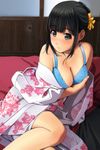  bangs bare_shoulders black_eyes black_hair blue_bra blush bra breasts closed_mouth commentary_request covering covering_breasts eyebrows_visible_through_hair fingernails floral_print hair_ribbon highres indoors japanese_clothes kimono large_breasts legs long_sleeves looking_at_viewer matsunaga_kouyou off_shoulder original ribbon sidelocks sitting solo underwear wide_sleeves yellow_ribbon 