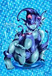  1girl :p artist_request bandai bare_shoulders barefoot breasts curvy digimon digimon_(creature) facial_mark female fish_girl gauntlets green_skin helmet large_breasts looking_at_viewer monster_girl one-piece_swimsuit ranamon red_eyes shiny shiny_skin sitting smile swimsuit water 