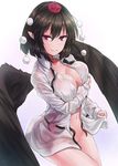  black_hair black_ribbon black_wings bottomless breast_hold breasts cleavage closed_mouth commentary_request gradient gradient_background hair_between_eyes hat large_breasts long_sleeves looking_at_viewer naked_shirt naughty_face navel no_bra pointy_ears pom_pom_(clothes) red_eyes ribbon ribbon_trim shameimaru_aya shirt smile solo tokin_hat touhou white_shirt wing_collar wings y2 