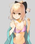  ahoge bangs bare_shoulders black_bow blonde_hair blush bow bra breasts cleavage closed_mouth ears_visible_through_hair eyebrows_visible_through_hair fate_(series) grey_background hair_bow half_updo hands_up koha-ace long_sleeves medium_breasts navel off_shoulder okita_souji_(fate) okita_souji_(fate)_(all) open_clothes panties pink_bra pink_panties ponytail short_hair shovelwell simple_background smile solo stomach underwear upper_body w_arms wide_sleeves yellow_eyes 