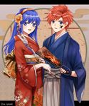  1girl blue_eyes blue_hair fire_emblem fire_emblem:_fuuin_no_tsurugi japanese_clothes kimono lilina long_hair looking_at_viewer red_hair roy_(fire_emblem) smile spiked_hair wspread 