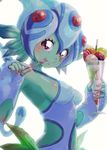  1girl artist_request bandai bare_shoulders breasts curvy digimon digimon_(creature) facial_mark female fish_girl food gauntlets green_skin happy helmet ice_cream looking_at_viewer monster_girl nipples one-piece_swimsuit ranamon red_eyes shiny shiny_skin simple_background smile swimsuit tongue_out 