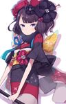  black_hair black_kimono blue_eyes calligraphy_brush commentary_request fate/grand_order fate_(series) flower hair_flower hair_ornament hairpin highres japanese_clothes katsushika_hokusai_(fate/grand_order) kimono looking_at_viewer obi paintbrush sash short_hair sketch solo totatokeke 