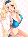  absurdres bikini blonde_hair blue_bikini blue_eyes blush breasts cecilia_alcott cleavage commentary_request denson drill_hair headband highres infinite_stratos large_breasts long_sleeves lying open_clothes open_shirt shirt swimsuit 