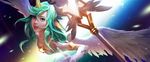  1girl alternate_costume alternate_eye_color alternate_hair_color alternate_hairstyle breasts elbow_gloves fluffy_ears gloves green_hair horn league_of_legends lips long_hair magical_girl pointy_ears solo soraka star_guardian_soraka very_long_hair white_gloves white_wings wings 