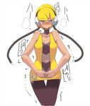  1girl bare_shoulders black_legwear black_neckwear blonde_hair blue_eyes blush breasts cable choker collarbone embarrassed eyebrows_visible_through_hair female grey_shirt half-closed_eyes hands_together have_to_pee headphones kamitsure_(pokemon) leggings looking_to_the_side npc_trainer pokemon pokemon_(game) pokemon_bw shiny_skin shirt short_hair simple_background sleeveless small_breasts solo standing steam strapless_shirt sweat t=k text thigh_gap translation_request trembling vest white_background yellow_vest 