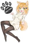  2018 absurdres animal_ears black_legwear blonde_hair chinese_zodiac commentary_request dog_ears dog_tail dress green_eyes hair_ornament hairclip happy_new_year hashiko_nowoto highres new_year no_shoes open_mouth original outstretched_hand pantyhose paw_pose short_hair smile solo sweater sweater_dress tail white_sweater year_of_the_dog 