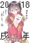  2018 akeome bangs black_hair blue_eyes blush chinese_zodiac closed_mouth commentary_request dog eyebrows_visible_through_hair floral_print hair_between_eyes hair_ornament hairclip happy_new_year japanese_clothes kimono kneeling long_sleeves looking_at_viewer new_year one_side_up original short_hair signature sleeves_past_wrists smile solo suzunari_shizuku white_background wide_sleeves year_of_the_dog yuki_arare 