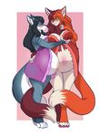  2017 anthro belly big_belly blush breasts canine clothed clothing digital_media_(artwork) duo feline female fur hair hi_res lavenderpandy lilith_(azria) lingerie mammal open_mouth pregnant simple_background smile yukiashi 