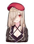  beret black_jacket blonde_hair blush braid breast_pocket breasts bright_pupils cleavage collarbone criss-cross_halter g36c_(girls_frontline) girls_frontline hair_over_one_eye halterneck hat highlights jacket long_hair medium_breasts multicolored_hair parted_lips pocket red_eyes red_hat ryuuno6 simple_background smile straight_hair upper_body white_background 