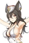  animal_ears armpits arms_up bare_shoulders black_hair blush breasts cleavage double-breasted erune garrison_cap granblue_fantasy hair_between_eyes hat ilsa_(granblue_fantasy) lang_(chikage36) large_breasts long_hair midriff parted_lips red_eyes red_ribbon revealing_clothes ribbon simple_background smile solo tsurime upper_body white_background white_hat 