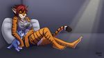  2018 anthro bra breasts canine clothing dog_tags faith_(heresy) feet feline felinid full_body fur hair heresy_(artist) mammal midriff multicolored_fur orange_fur pajamas pillow plushie red_hair scar shorts sports_bra stripes tiger two_tone_fur underwear warhammer_(franchise) white_fur wolf 