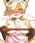  &lt;3 2017 anthro apron areola blonde_hair blush breasts brown_fur canine clothing covering covering_breasts covering_self cute_fangs dipstick_tail eyelashes female fox fox&#039;s_sister_(kinokoningen) fur gloves_(marking) hair hair_over_eye hi_res japanese_text kinokoningen looking_at_viewer maid_hat mammal markings multicolored_tail naked_apron open_mouth open_smile orange_eyes orange_fur pawpads smile solo spread_legs spreading sweat text translation_request white_fur 