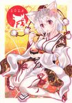  2018 animal_ears bowl breasts chopsticks commentary_request eating full_body hair_between_eyes hat highres inubashiri_momiji kittona looking_at_viewer medium_breasts millipen_(medium) pelvic_curtain pom_pom_(clothes) red_eyes red_footwear ribbon-trimmed_legwear ribbon_trim sandals sideboob solo tail thighhighs tokin_hat touhou traditional_media watercolor_(medium) watercolor_pencil_(medium) white_hair white_legwear wolf_ears wolf_tail 