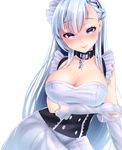  1girl azur_lane bare_shoulders belfast_(azur_lane) blue_eyes blush breast_hold breasts chains cleavage collar curvy female gloves highres large_breasts long_hair long_skirt looking_at_viewer maid maid_headdress silver_hair simple_background skirt solo standing touwa_iyo upper_body white_background white_gloves 