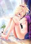  barefoot blonde_hair blush braid breasts breasts_apart commentary_request fate_(series) feet french_braid green_eyes hair_ornament hair_scrunchie highres jacket_on_shoulders leg_hug looking_at_viewer mordred_(fate) mordred_(fate)_(all) mozu_(peth) naked_coat nipples nude open_mouth palm_tree plant ponytail potted_plant red_scrunchie scrunchie sitting small_breasts smile snowing soles solo surfboard tree window wristband 