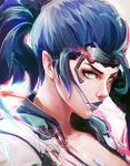  1girl abstract alternate_costume asevc blue_hair breasts cleavage commentary eyelashes face goggles goggles_on_head hair_slicked_back highres lipstick looking_at_viewer makeup overwatch parted_lips ponytail portrait purple_lips purple_lipstick simple_background sketch solo talon_widowmaker white_background widowmaker_(overwatch) yellow_eyes 