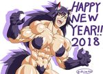  1girl 2018 abs animal_ears biceps black_hair breasts fangs female long_hair looking_at_viewer monster_girl muscle muscular_female navel new_year red_eyes shijimi432 solo tail tongue werewolf 