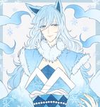  alolan_form alolan_ninetales animal_ears asame21 blue_eyes blue_hair fur_trim long_hair looking_at_viewer male_focus personification pokemon smile snowflake_print snowflakes upper_body very_long_hair 