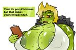  2017 alligator_snapping_turtle alpha_channel anthro areola big_breasts blonde_hair breasts cleavage clipboard clothed clothing dialogue digital_media_(artwork) english_text female green_skin hair hilda_(vdisco) nipple_bulge reptile scalie shirt simple_background solo spiked_shell tank_top text transparent_background turismoturbo turtle 