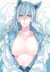  alolan_form alolan_ninetales asame21 blue_eyes blue_hair blush breasts collarbone large_breasts long_hair looking_at_viewer nipples open_clothes personification pokemon solo sweatdrop very_long_hair 