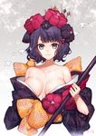  :3 bare_shoulders bird black_hair black_kimono blue_eyes breasts cleavage closed_mouth collarbone fate/grand_order fate_(series) flower grey_background hair_flower hair_ornament hair_stick hairpin hanakeda_(hanada_shiwo) holding holding_staff japanese_clothes katsushika_hokusai_(fate/grand_order) kimono large_breasts long_sleeves looking_at_viewer obi off_shoulder open_clothes open_kimono sash short_hair signature smile smug solo staff upper_body v-shaped_eyebrows wavy_hair 