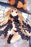  abigail_williams_(fate/grand_order) artist_name bangs black_bow black_hat black_legwear black_panties blonde_hair blush bow breasts commentary_request fate/grand_order fate_(series) hat head_tilt highres holding holding_key key long_hair looking_at_viewer orange_bow oversized_object panties parted_bangs parted_lips polka_dot polka_dot_bow purple_eyes rei_kun revealing_clothes single_thighhigh small_breasts solo stuffed_animal stuffed_toy teddy_bear thighhighs underwear very_long_hair watermark web_address witch_hat 