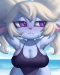  1girl armpits arms_behind_head bangs big_hair blue_skin blush breasts cleavage clouds embarrassed eyebrows fangs forastero large_breasts league_of_legends long_hair looking_away ocean one-piece_swimsuit pointy_ears poppy purple_eyes sky solo sweat swimsuit twintails white_hair yordle 